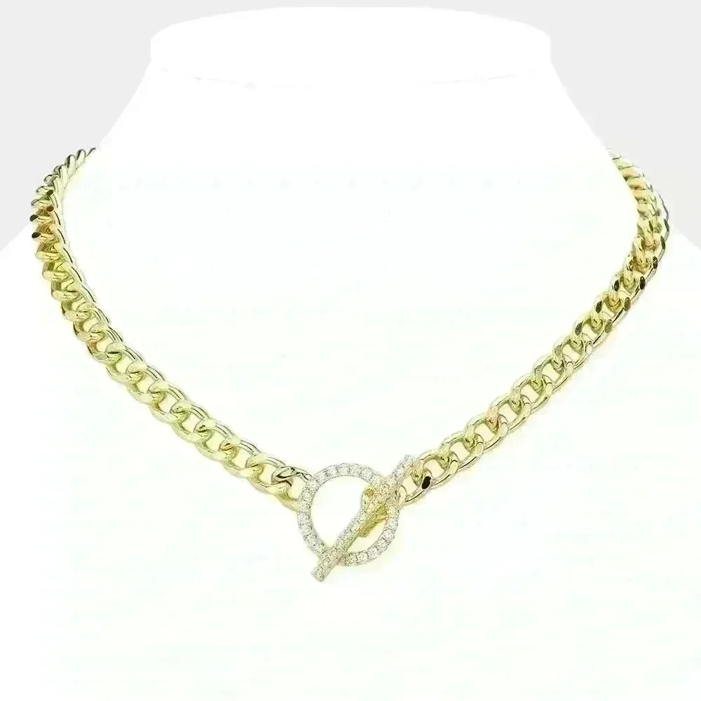 Gold Chunky Cuban Style Necklace Open Pave Ring & Toggle Closure